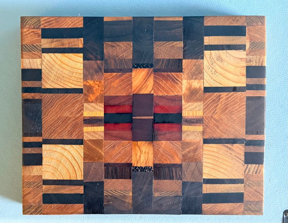 Vintage Mosaic Wood Cutting Board 9x8 | Geometric End Grain Serving Platter